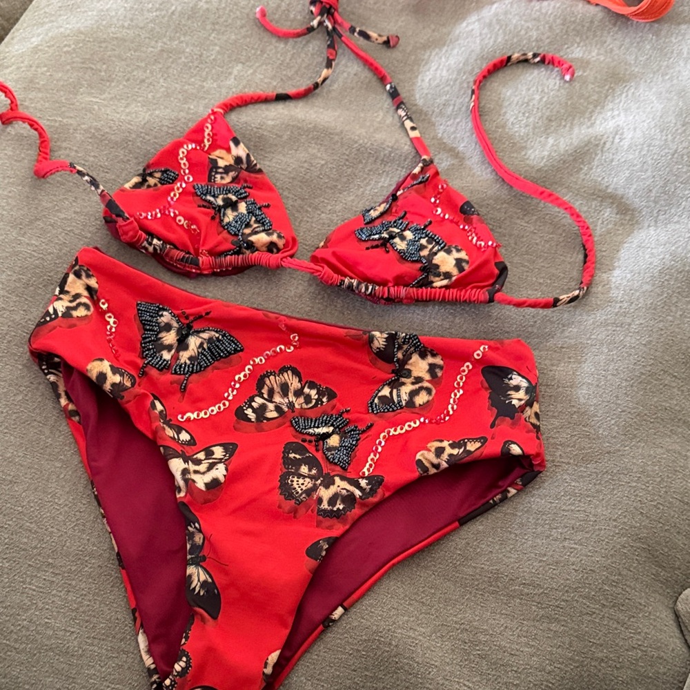 Red Butterfly Print Bikini Set reversible